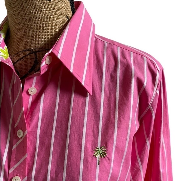 Lilly Pulitzer Women’s 14 Pink White Stripe Button Down Long Sleeve Cotton Shirt - Picture 2 of 10